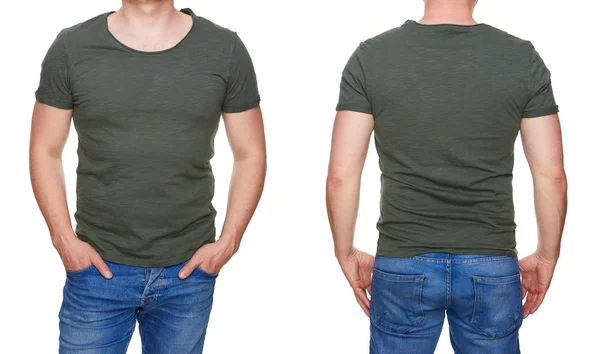 Shirt Tasarım Boş Haki Yeşil Tshirt Arka Beyaz Izole Genç — Stok fotoğraf