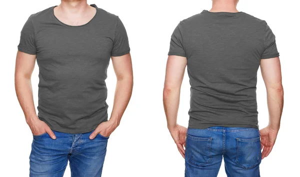 Shirt Design Uomo Bianco Tshirt Grigia Anteriore Posteriore Isolato Bianco — Foto Stock