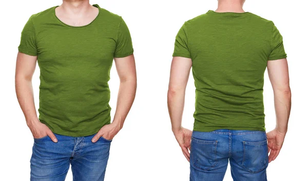 Diseño Camiseta Hombre Blanco Camiseta Verde Oliva Delante Detrás Aislado —  Fotos de Stock