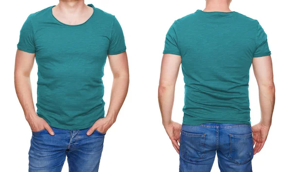 T恤设计 男子在空白绿松石 T恤前部和后部隔离在白色 — 图库照片