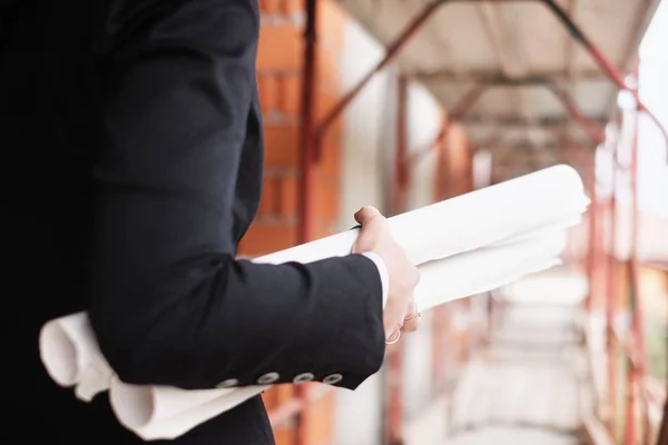 Woman Working As Engineer Holding Building Plans — Stock Photo, Image