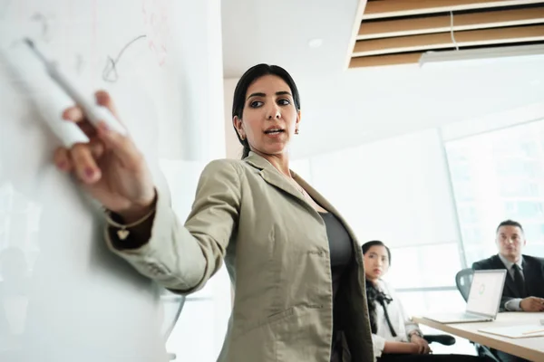 Frau bei Präsentation mit Vorstand im Büro-Besprechungsraum — Stockfoto