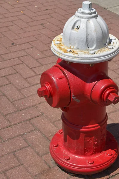 Hidrante Fuego Rojo Blanco Acera Ladrillo —  Fotos de Stock