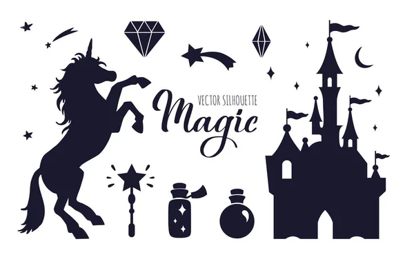 Fairy tale vector silhouette collection with Unicorn and Castle — Stock Vector