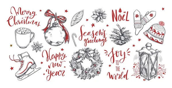 God jul och nyår ord med Christmas vintage element — Stock vektor