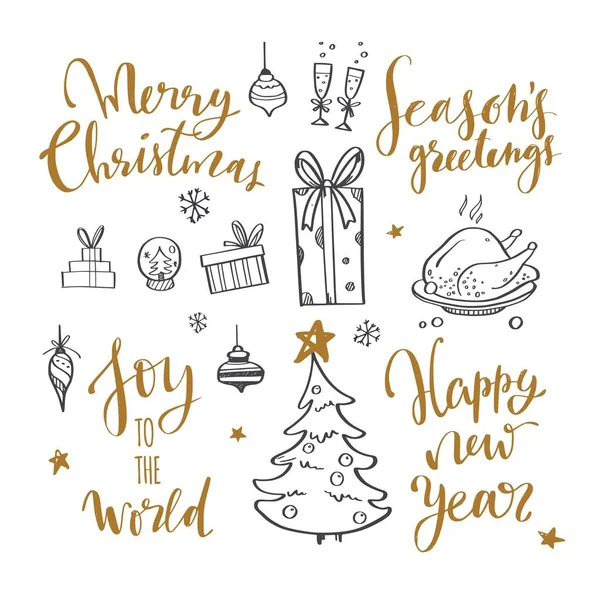 Joyeux Noël et Nouvel An mots sur la décoration de l'arbre de Noël. Vecteur dessiné à la main Lettrage — Image vectorielle