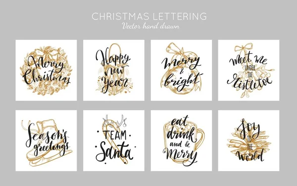 Navidad y Año Nuevo carteles y etiquetas colección de vectores. Feliz Navidad escrito a mano Letras — Vector de stock