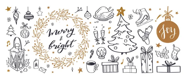 Grand ensemble d'éléments de gribouillage de conception de Noël avec Joyeux Noël et Nouvel An — Image vectorielle