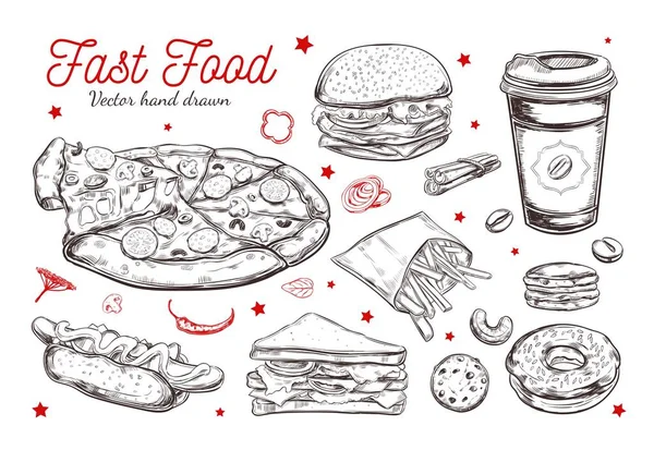 Fastfood dania z napojami. Wektor ręcznie rysowane obiekty wektorowe na białym tle. Hamburger, pizza, hot dog — Wektor stockowy