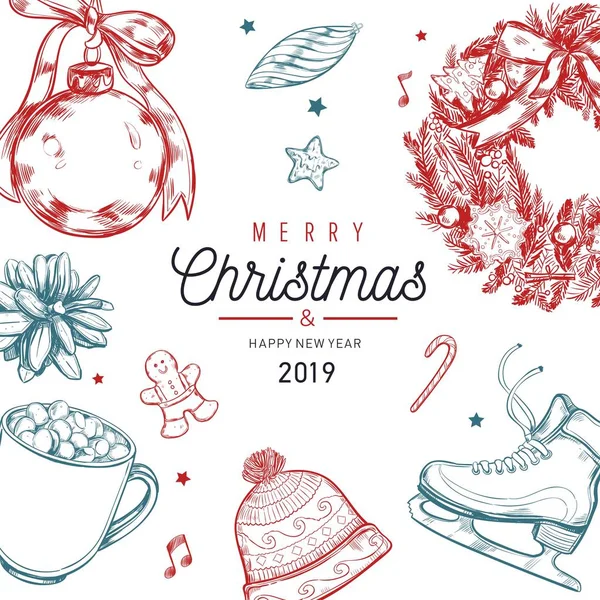 Affiche vectorielle Noël et Nouvel An, bannière, fond avec éléments vintage dessinés à la main — Image vectorielle