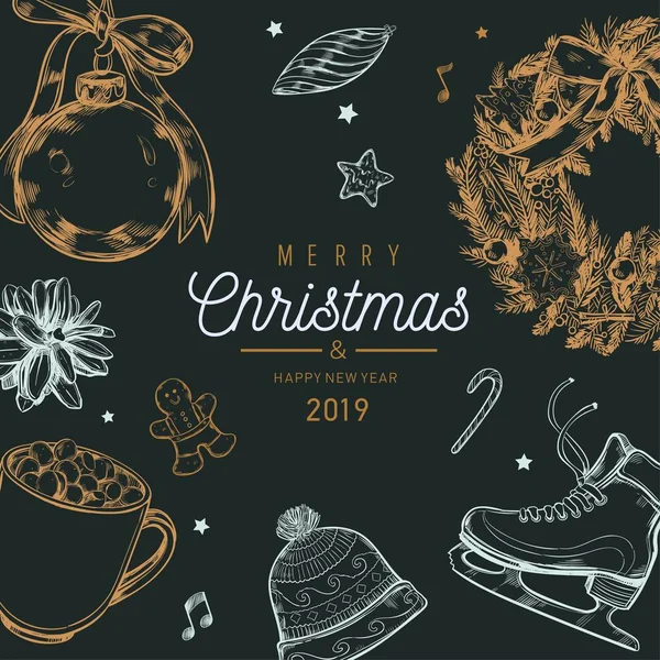 Affiche vectorielle Noël et Nouvel An, bannière, fond avec éléments vintage dessinés à la main — Image vectorielle