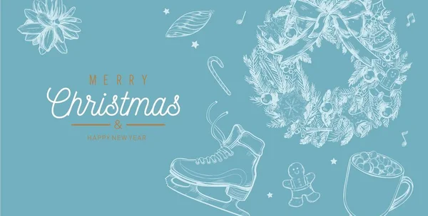 Bannière vectorielle Noël et Nouvel An, fond avec éléments vintage dessinés à la main — Image vectorielle