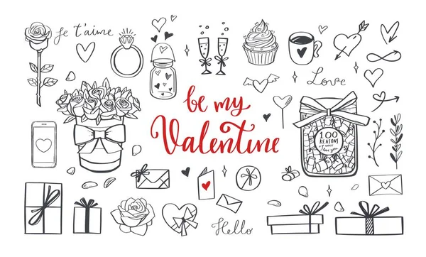 Dia dos Namorados feliz conjunto doodle vetor com letras —  Vetores de Stock