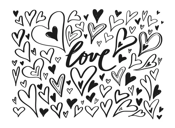 Vector dibujado a mano doodle elementos del corazón. Elementos románticos creativos para tarjetas, banner, póster. Amor escrito a mano Letras , — Vector de stock