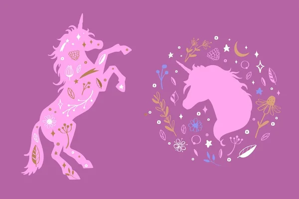 Vektor Silhouette dari Unicorn dan unicorn kepala di bunga, pola pedesaan. Hutan dongeng. - Stok Vektor