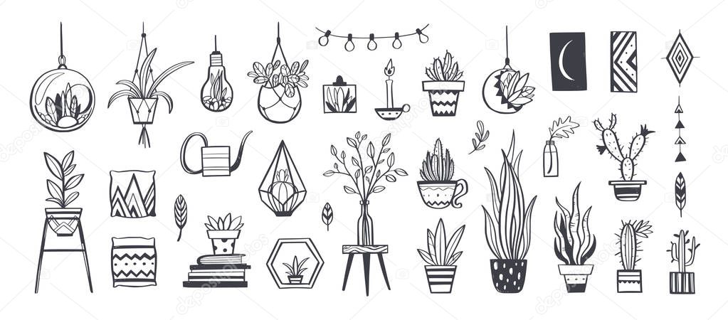 Home decor and House plants vector hand drawn set. Home decorations and interior design elements.Isolated boho and scandinavian cartoon