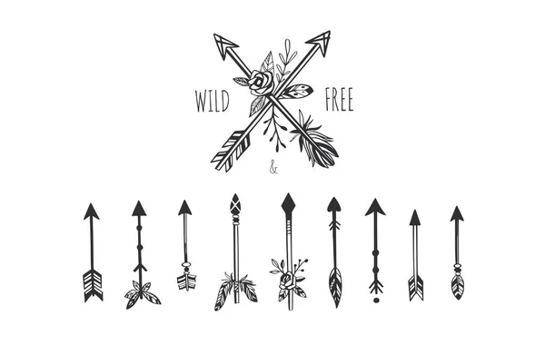 Boho stil vektor samling för tatuering, ikon, flyg blad, kort med fjädrar, pilar — Stock vektor