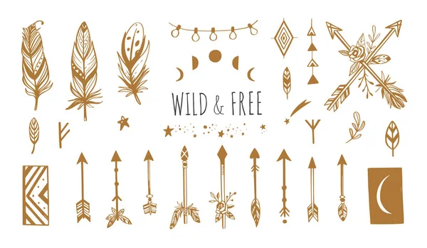 Boho style vector collection for tattoo, icon, flyers, cards with dreamcatcher, feathers, moon, wild, arrow — стоковый вектор