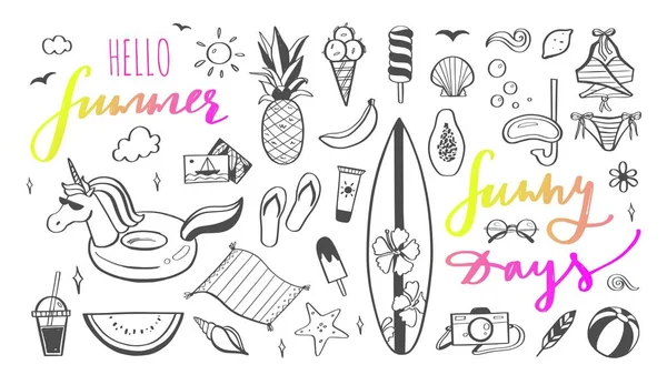 Nagy készlet nyári vektor design Doodle elemek. Strandgyűjtemény, trópusi gyümölcsök, fürdőruhát, szörfözés — Stock Vector