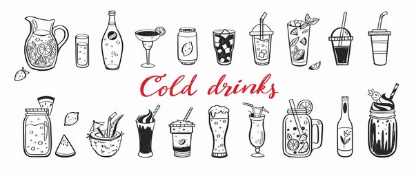 Vektor handgezeichnetes Set kalter Getränke, Sommercocktails und Getränke mit Früchten. verschiedene Doodles für Strandparty, Bar, Restaurantmenü. — Stockvektor