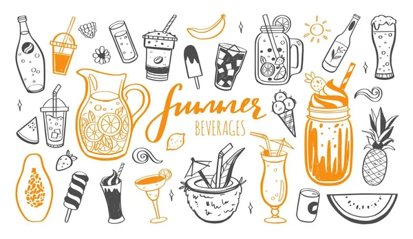 Vector hand getekende set van koude dranken, zomercocktails en dranken met fruit. Verschillende doodles voor Beach Party, Bar, restaurant menu. — Stockvector