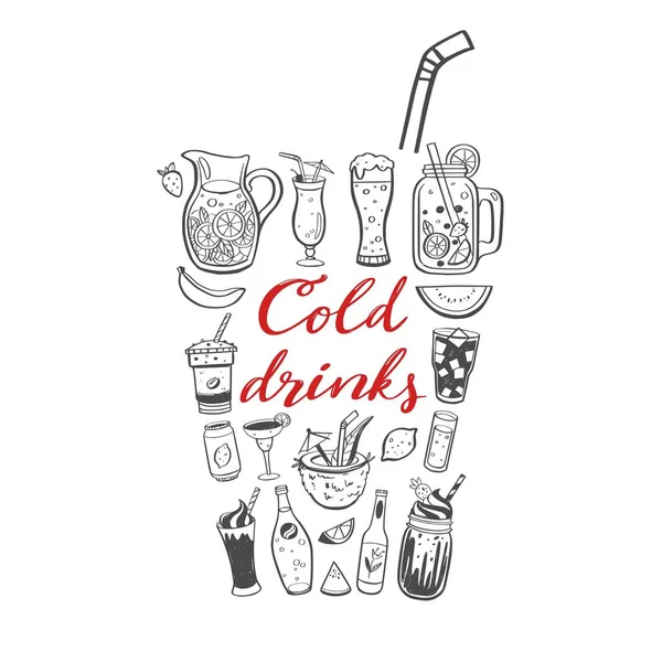 Ilustração desenhada à mão vetorial e caligrafia manuscrita de bebidas frias e bebidas de verão. Letras do doodle conceitual —  Vetores de Stock