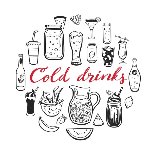 Vektor handgezeichnetes Set kalter Getränke, Sommercocktails und Getränke mit Früchten. verschiedene Doodles für Strandparty, Bar, Restaurantmenü. — Stockvektor