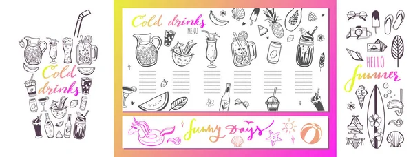 Restaurante e barra modelo de menu vetorial com ilustrações desenhadas à mão. cocktails e bebidas de verão. Vários rabiscos para festa na praia —  Vetores de Stock