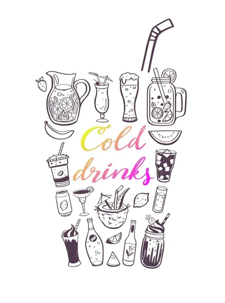 Векторна рука намальована ілюстрація та написана вручну каліграфія холодних напоїв та літніх напоїв. Концептуальні каракулі — стоковий вектор