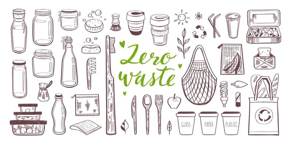 Zero odpadów wektor ręcznie rysowane zestaw. Kolekcja elementów ekologicznych i naturalnych. Idź zielone pojęcie — Wektor stockowy