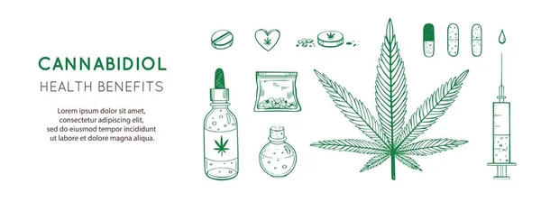 Cannabidiolo Benefici per la salute Sfondo vettoriale, banner. Infografica disegnata a mano di Cannabis medica, marijuana. Pillole, flaconi, olio e altra cannabis medicinale — Vettoriale Stock