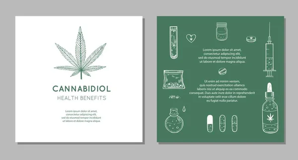 Cannabidiol korzyści zdrowotne Vector tła, banery. Ręcznie rysowane zestaw infografiki medycznej marihuany, marihuany. Pigułki, butelki, oleje i inne konopie lecznicze — Wektor stockowy