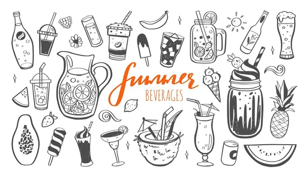 Vector hand drawn set of Cold drinks, summer cocktails and beverages with fruits. Various doodles for beach party, bar, restaurant menu. — Stock Vector