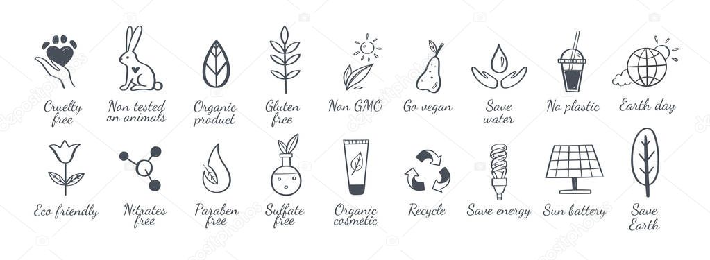 Eco friendly, ecology vector hand drawn icons set. Organic cosmetics, zero waste, save earth and healthy lifestyle