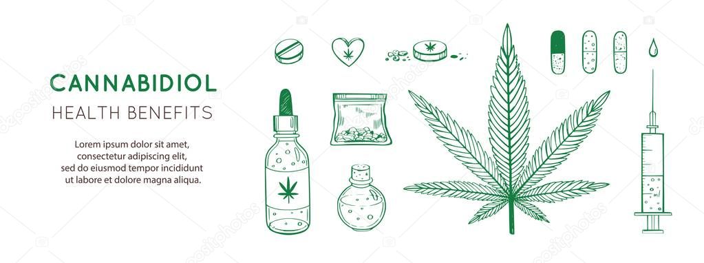 Cannabidiol Health benefits Vector background, banner. Hand drawn Infographic set of medical Cannabis, marijuana. Pills, bottles, oil and other medicinal cannabis