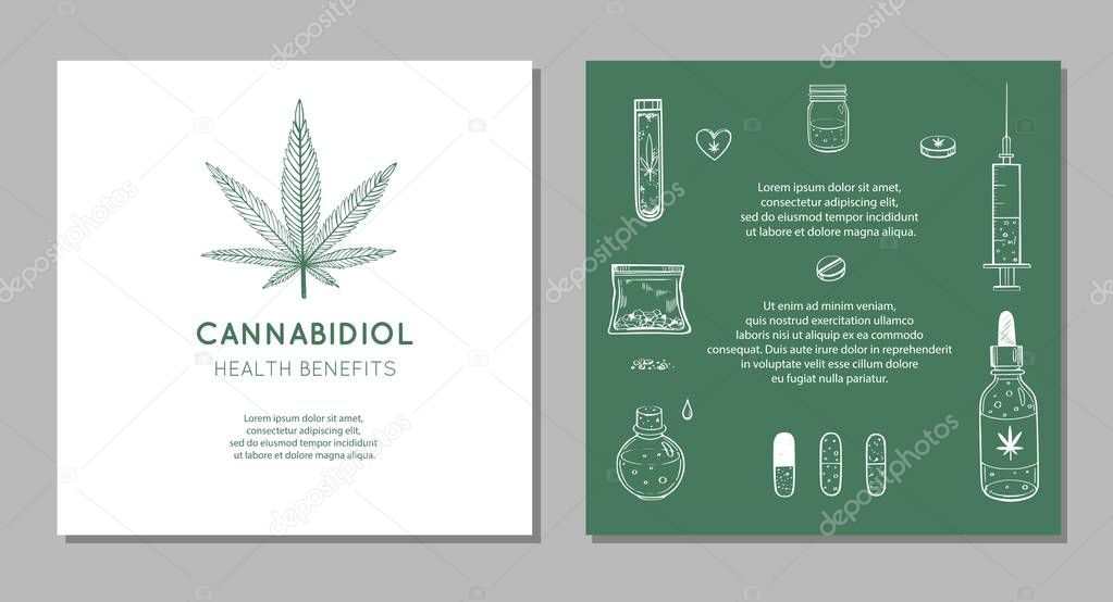 Cannabidiol Health benefits Vector background, banners. Hand drawn Infographic set of medical Cannabis, marijuana. Pills, bottles, oil and other medicinal cannabis