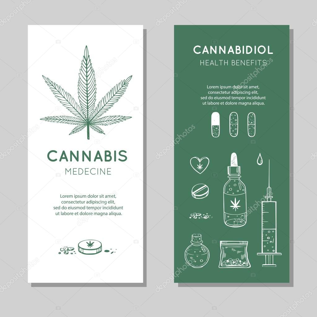 Cannabidiol Health benefits Vector background, banners. Hand drawn Infographic set of medical Cannabis, marijuana. Pills, bottles, oil and other medicinal cannabis