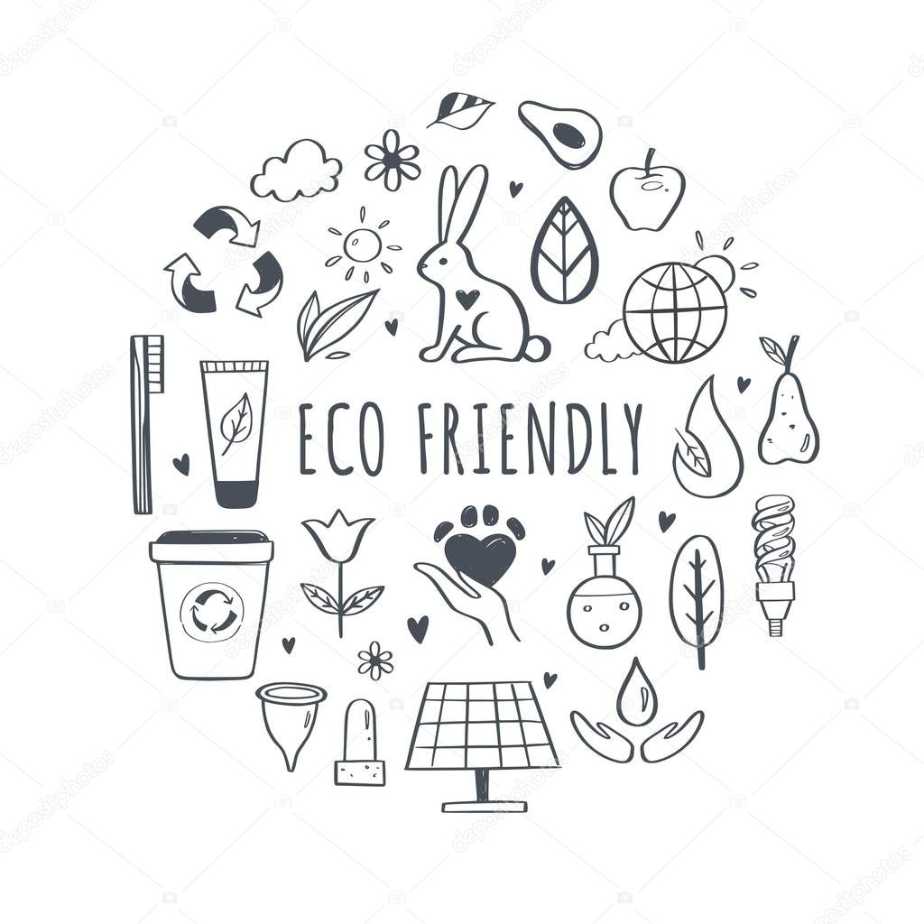 Eco friendly, ecology vector hand drawn icons set. Organic cosmetics, zero waste, save earth and healthy lifestyle sign