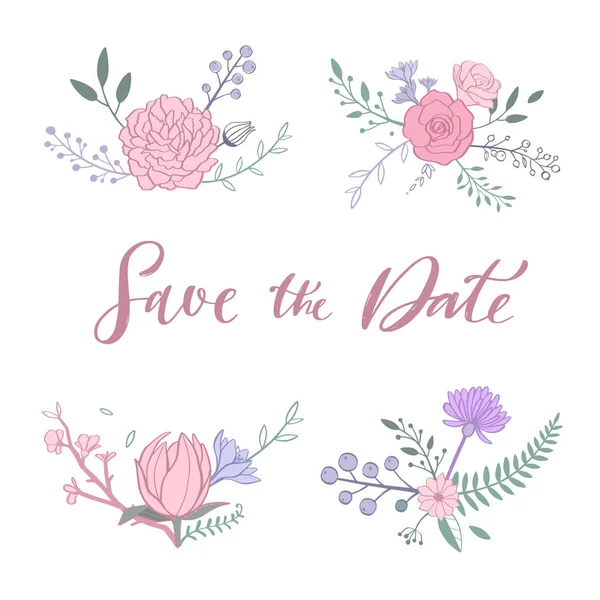 Ramo floral vectorial con rosa, peonía, anémona, sakura, flores silvestres. Objetos rústicos aislados hechos a mano. Tarjetas de invitación decorativas para boda, fiesta de cumpleaños . — Vector de stock