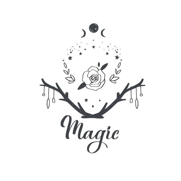 Boho magique vectoriel, composition païenne avec fleurs, phases de lune, ciel étoilé nocturne et arbres avec pierres précieuses. Design de tatouage dessiné à la main — Image vectorielle