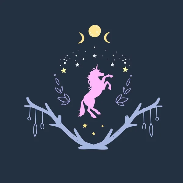 Unicorn di malam hari dengan langit berbintang dan bulan. Gaya fantasi, mimpi hutan ajaib Ilustrasi konseptual, seni tato - Stok Vektor