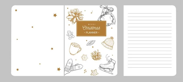 Feliz Navidad notebook, planificador, portada del álbum de recortes. Vector dibujado a mano ilustraciones y letras. Navidad inspiradora — Archivo Imágenes Vectoriales