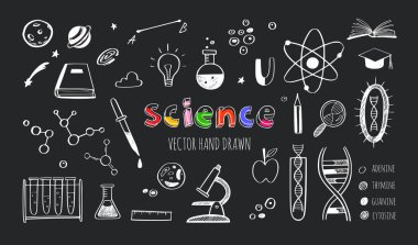 Vektör el Bilim ve Eğitim karalama seti. DNA, Biyoloji, Astronomi ve diğer