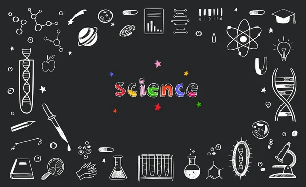 Vektor handritad vetenskap och utbildning klotter ram. Dna, biologi, astronomi och annat — Stock vektor
