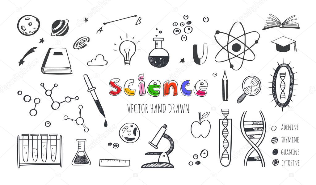 Vector hand drawn Science and Education doodle set. DNA, Biology, Astronomy and other