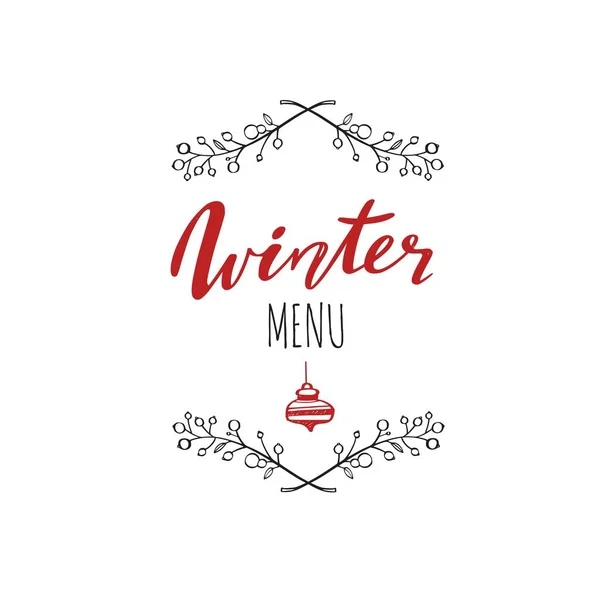 Menu d'hiver écrit à la main Calligraphie, emblème, logo avec décoration rustique. Joyeux Noël et Nouvel An vintage — Image vectorielle