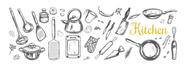 Clases de cocina y juego de utensilios de cocina. Vector dibujado a mano objetos aislados. Iconos en bosquejo — Vector de stock