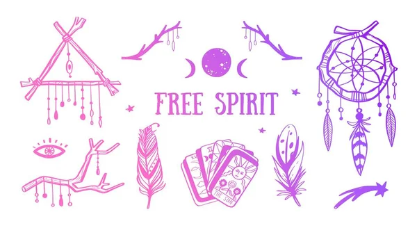 Free spirit collection de vecteurs boho. Attrapeurs de rêves, plumes, cartes de tarot et autres symboles mystiques — Image vectorielle