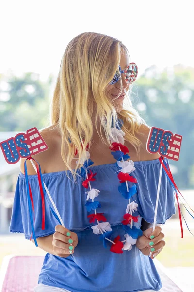 Mannequin Blond Patriotique Amuse Pendant Les Vacances Juillet — Photo