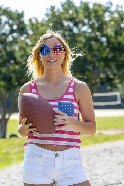 Patriotisk Blond Modell Roligt Juli Semester — Stockfoto